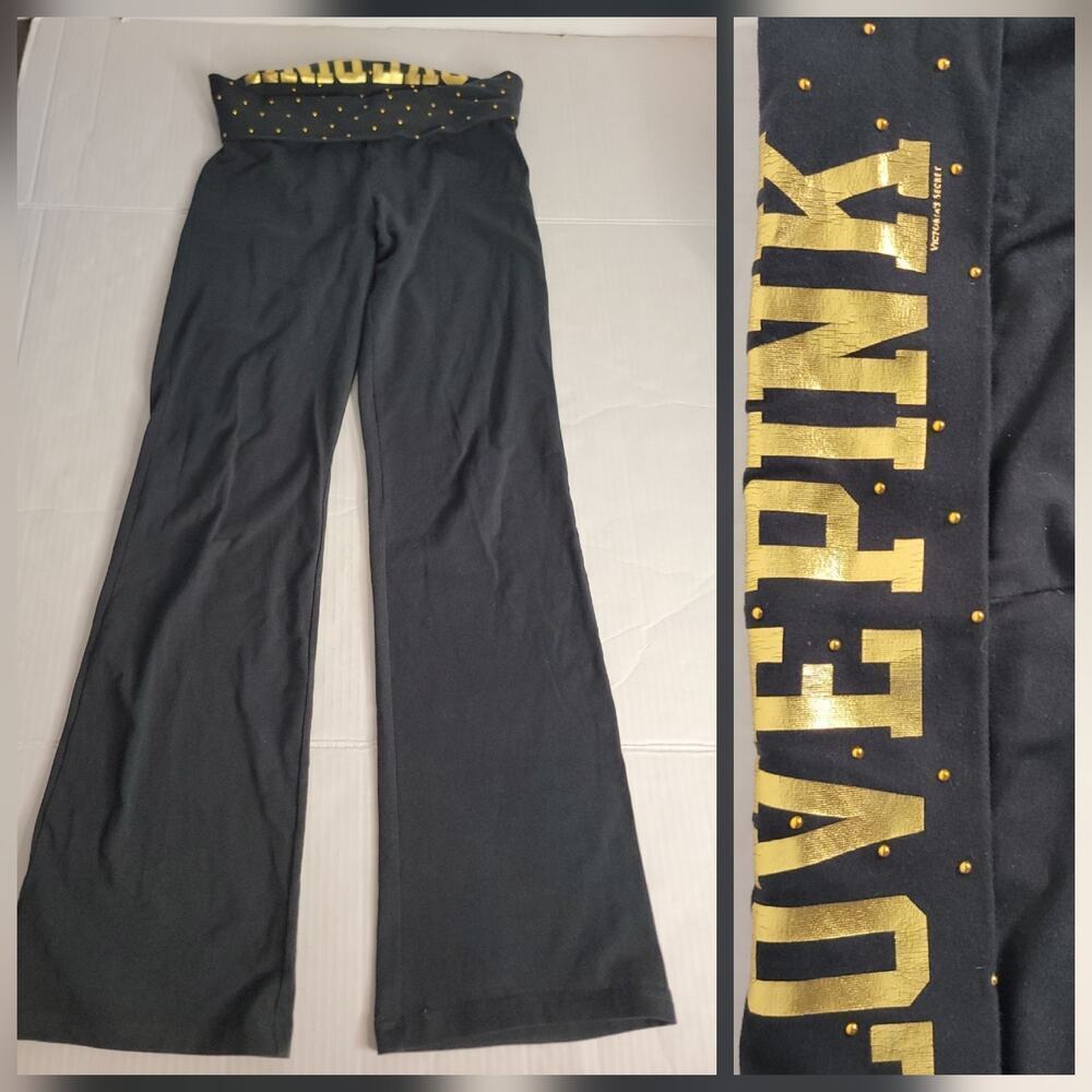 Vintage Victoria's Secret PINK Fold Over Yoga Pants Bling Logo Sz Medium